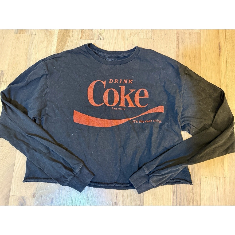 Coca-Cola Shirt Women's Large Black Long Sleeve Graphic Crop Top